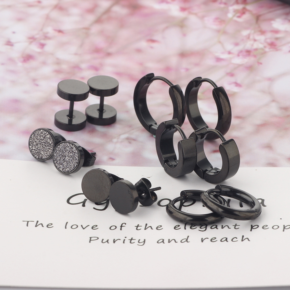Men's Stainless Steel Earring Set with Dragon and Phoenix Design - 8mm Black 12-Piece Wholesale Ear Jewelry - Image 2