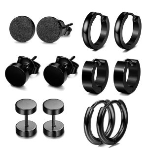 Men's Stainless Steel Earring Set with Dragon and Phoenix Design - 8mm Black 12-Piece Wholesale Ear Jewelry