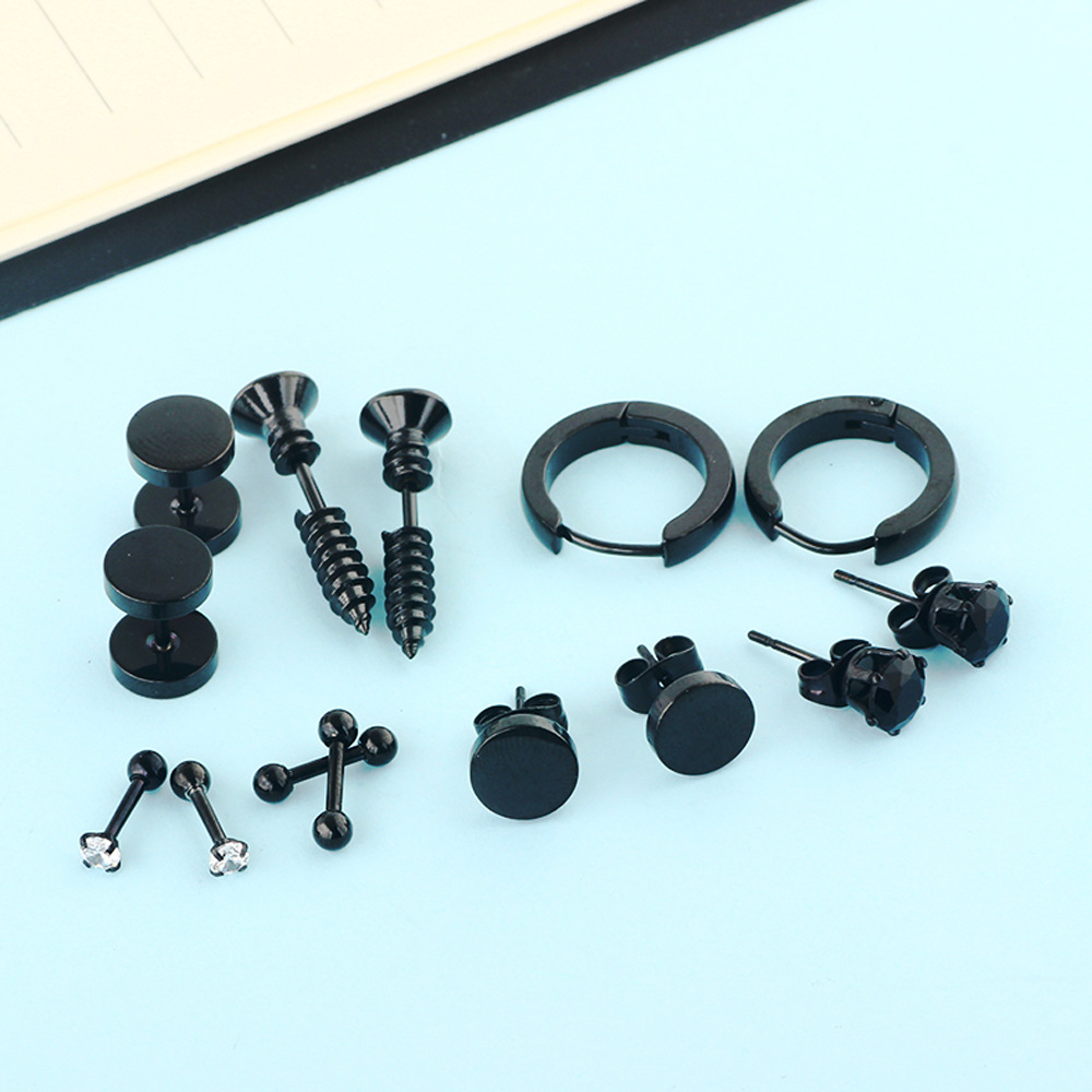 Amazon Hot Sale New Round Men's Earring Set Stainless Steel Earrings Wholesale 8mm Black 14-Piece Set - Image 3