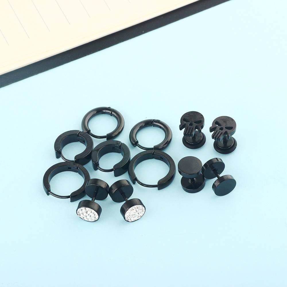 Amazon Hot Sale Mixed Earrings Set - Titanium Steel Stud Earrings for Men - Punk Style Duck Motif - 8mm Black 12pcs - Image 3