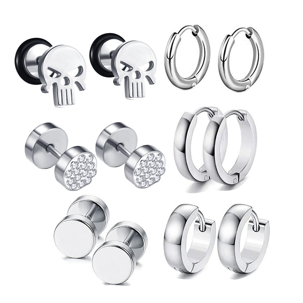 Amazon Hot Sale Mixed Earrings Set - Titanium Steel Stud Earrings for Men - Punk Style Duck Motif - 8mm Black 12pcs - Image 2