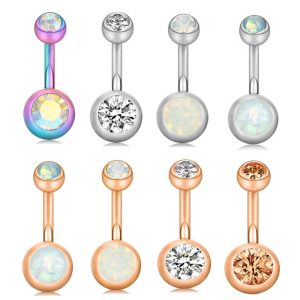 Gold Double White CZ Flower Belly Button Ring Stainless Steel Navel Jewelry