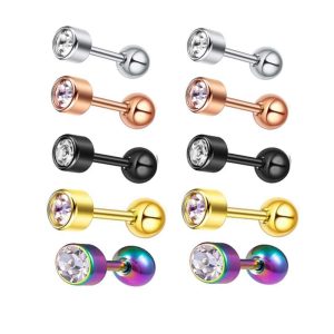 European American New Style Stainless Steel Cylindrical Earrings with CZ Flower Design Ear Bone Piercing Jewelry