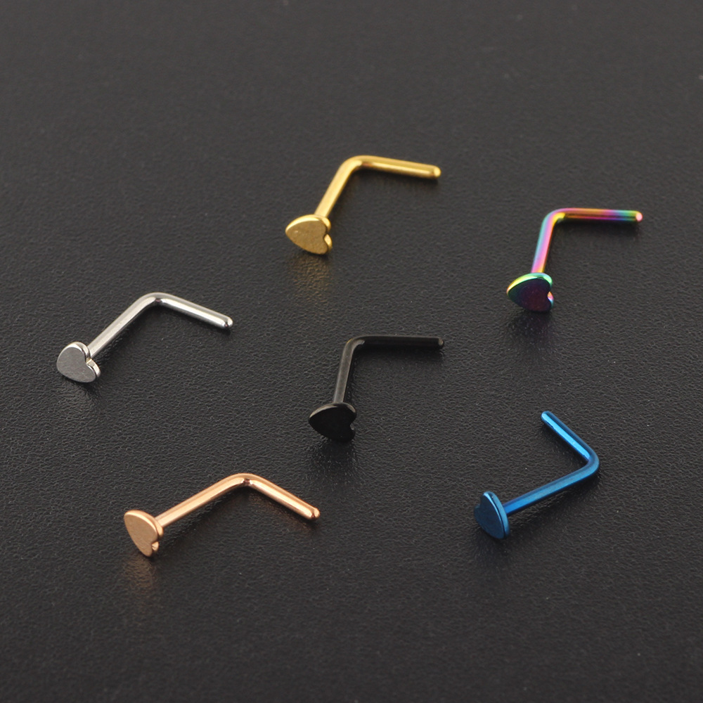 European American Rose Gold Heart Nose Ring L-Shaped Nose Stud Hoop Cartilage Earring Straight Curved Barbell Wholesale - Image 4