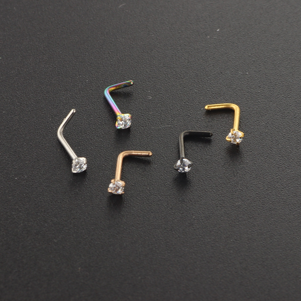 Rose Gold Nose Stud Zircon L-Shaped Nose Ring Ear Piercing Jewelry Wholesale - Image 2