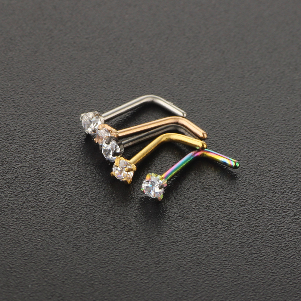 Rose Gold Nose Stud Zircon L-Shaped Nose Ring Ear Piercing Jewelry Wholesale - Image 4
