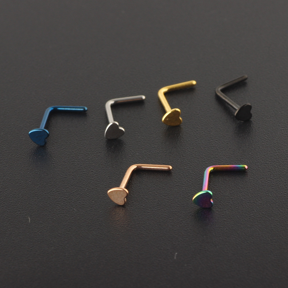 European American Rose Gold Heart Nose Ring L-Shaped Nose Stud Hoop Cartilage Earring Straight Curved Barbell Wholesale - Image 2