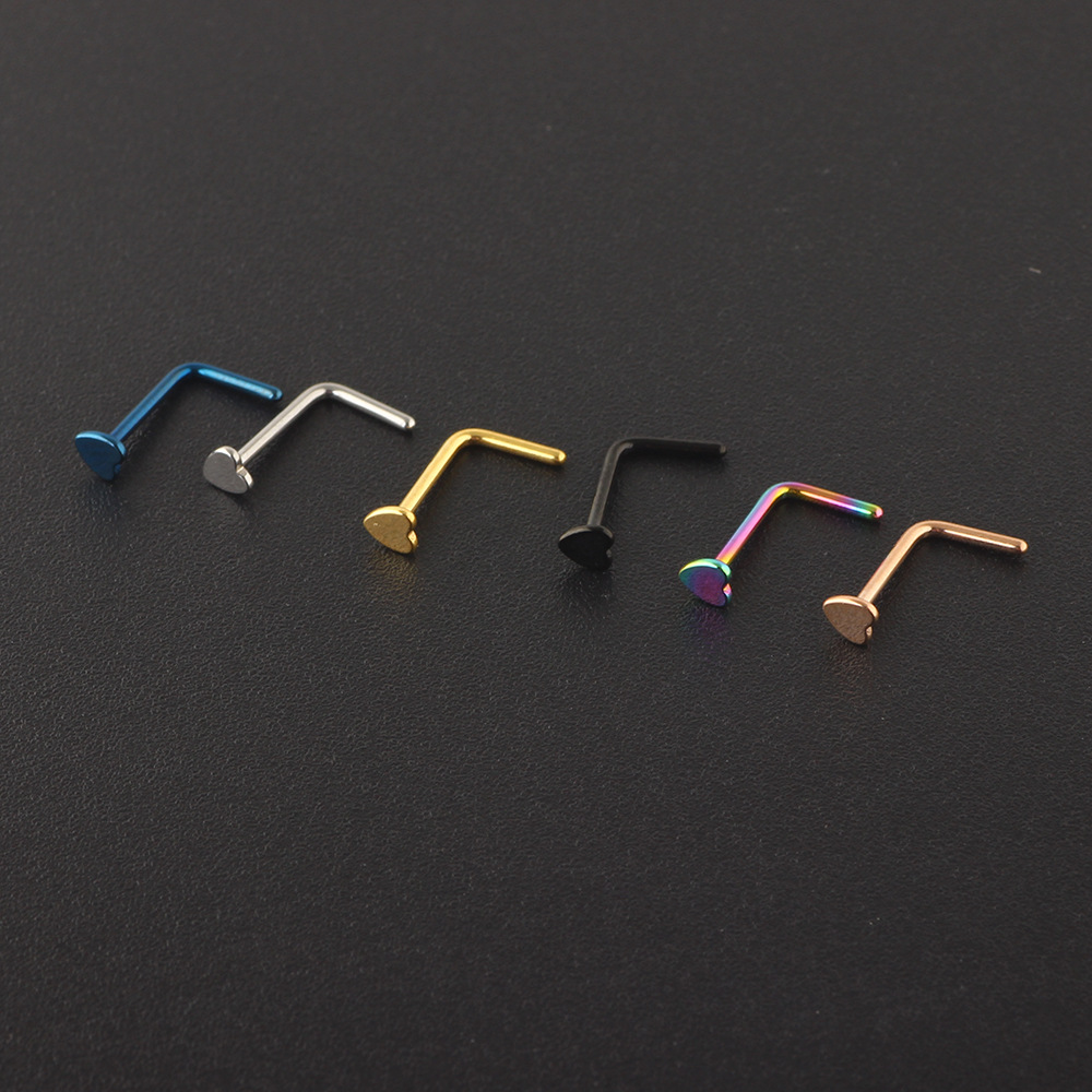 European American Rose Gold Heart Nose Ring L-Shaped Nose Stud Hoop Cartilage Earring Straight Curved Barbell Wholesale - Image 3