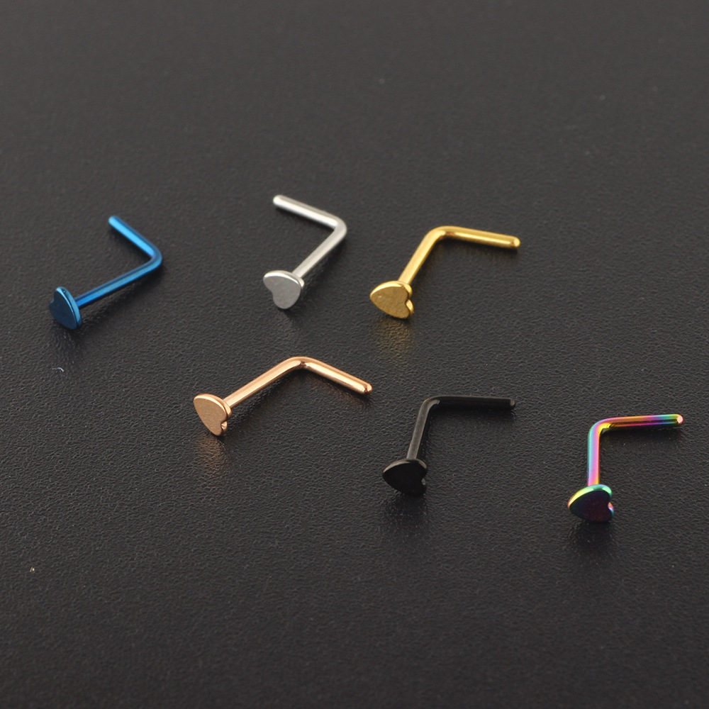 European American Rose Gold Heart Nose Ring L-Shaped Nose Stud Hoop Cartilage Earring Straight Curved Barbell Wholesale - Image 5