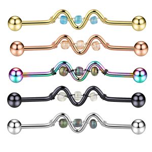 Hand-Woven Bead Bell Industrial Barbell Cross Bar Ear Piercing Jewelry Rose Gold Single