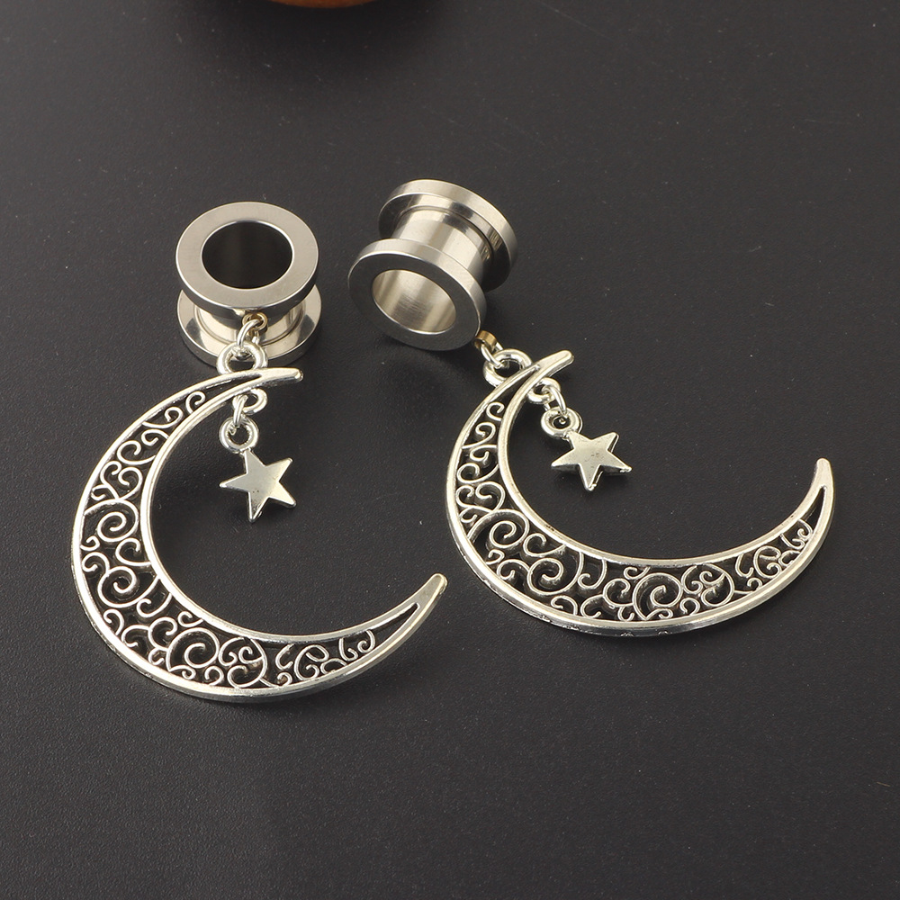 Personalized Stainless Steel Ear Earplug Star Moon Pendant Piercing Jewelry - Silver 25mm - Image 4