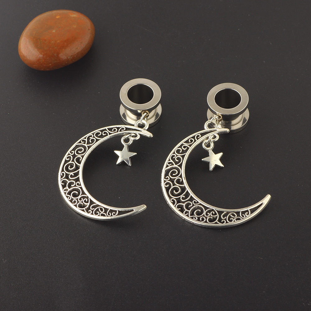 Personalized Stainless Steel Ear Earplug Star Moon Pendant Piercing Jewelry - Silver 25mm - Image 2