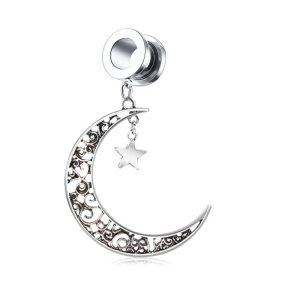 Personalized Stainless Steel Ear Earplug Star Moon Pendant Piercing Jewelry - Silver 25mm