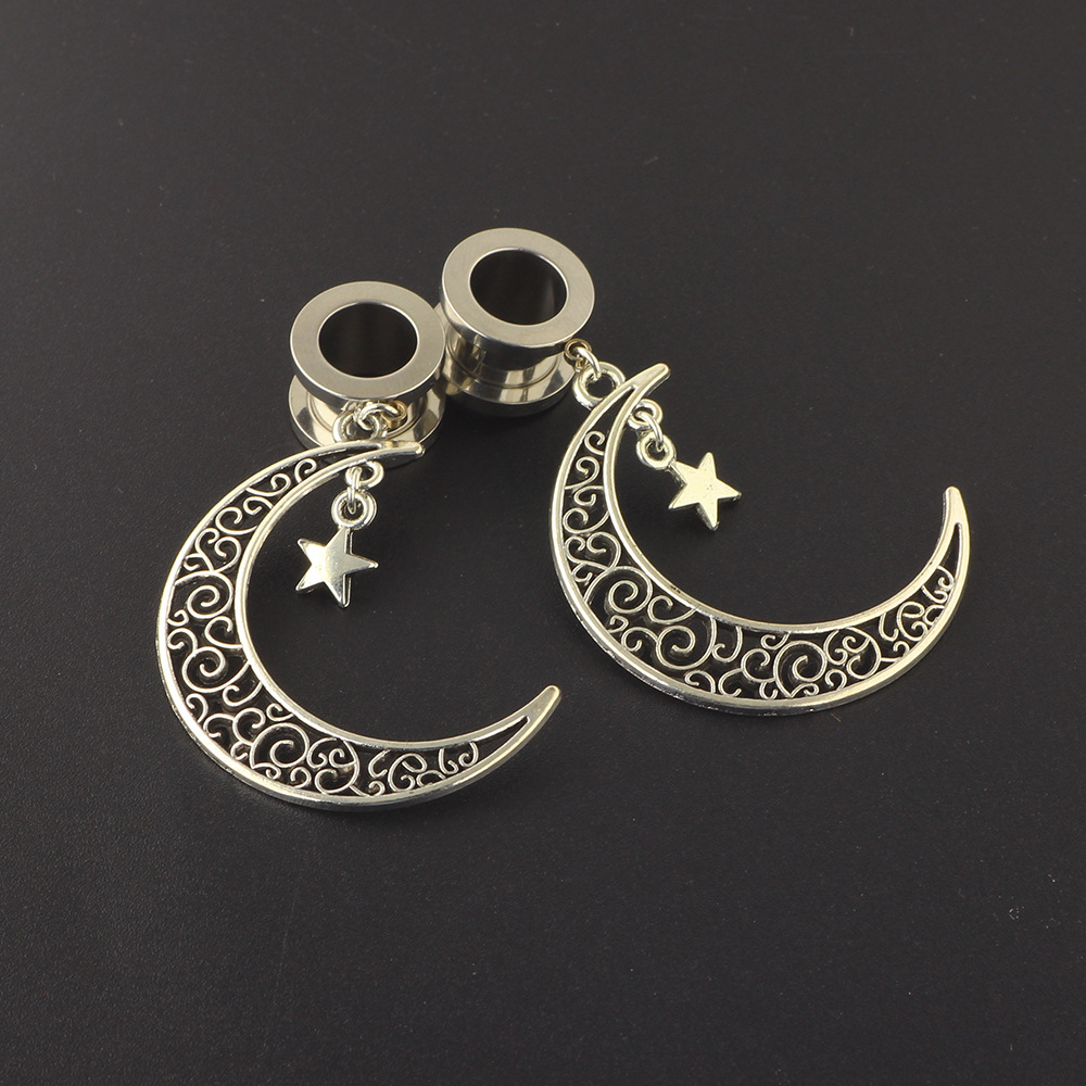 Personalized Stainless Steel Ear Earplug Star Moon Pendant Piercing Jewelry - Silver 25mm - Image 5
