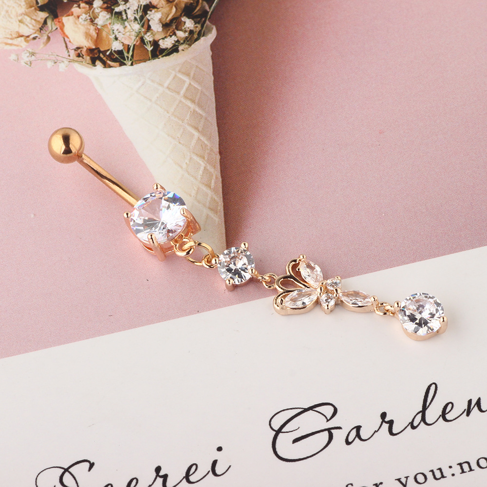 Rose Gold CZ Navel Ring 316L Surgical Steel Dangle Belly Button Ring Cross Border Jewelry - Image 5