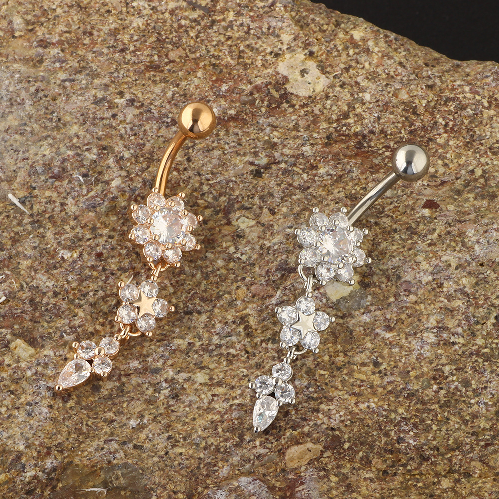 Rose Gold Plated Stainless Steel Navel Ring Round CZ Belly Button Piercing Jewelry - Image 2