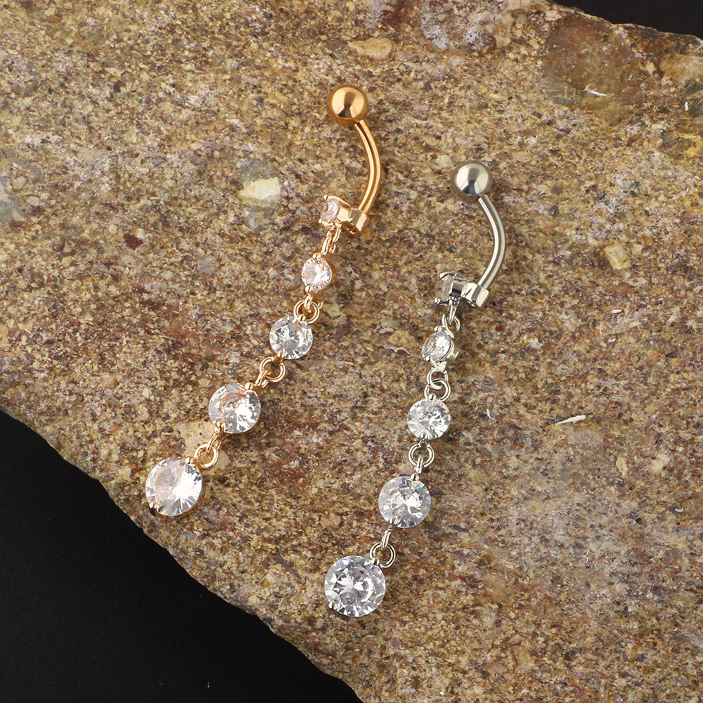 Luxury Zircon String Gold Pendant Belly Button Ring - Rose Gold 316L Surgical Steel Dangle Belly Ring - Image 3