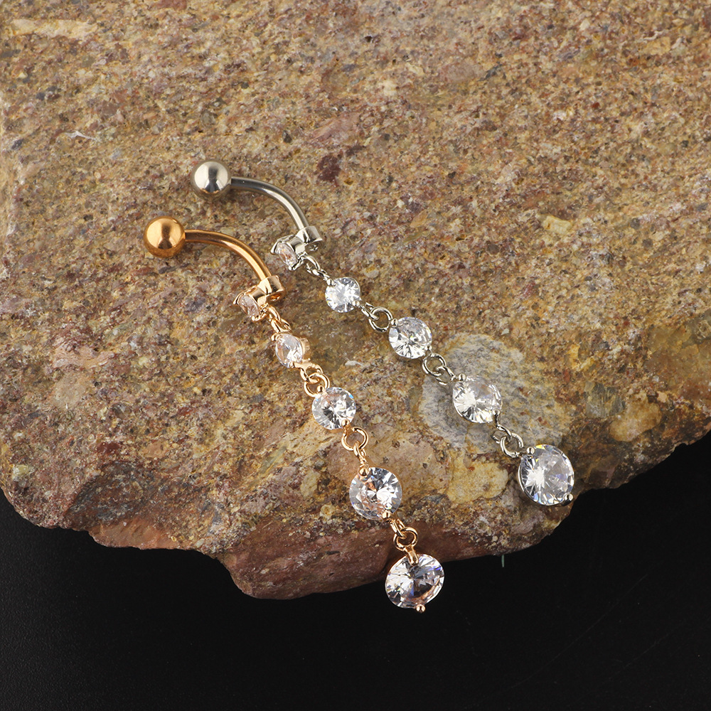 Luxury Zircon String Gold Pendant Belly Button Ring - Rose Gold 316L Surgical Steel Dangle Belly Ring - Image 4