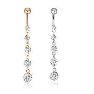Luxury Zircon String Gold Pendant Belly Button Ring - Rose Gold 316L Surgical Steel Dangle Belly Ring