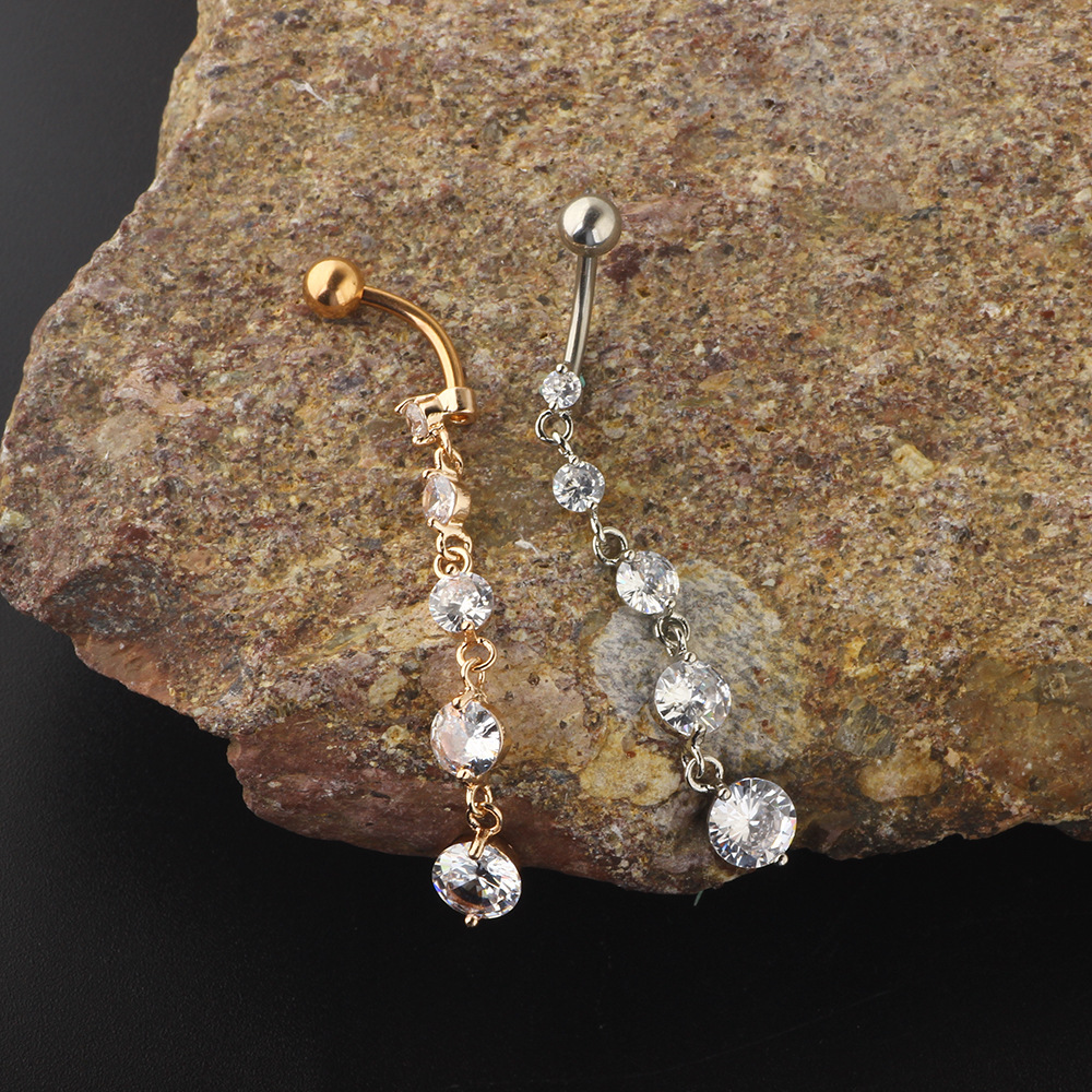 Luxury Zircon String Gold Pendant Belly Button Ring - Rose Gold 316L Surgical Steel Dangle Belly Ring - Image 5