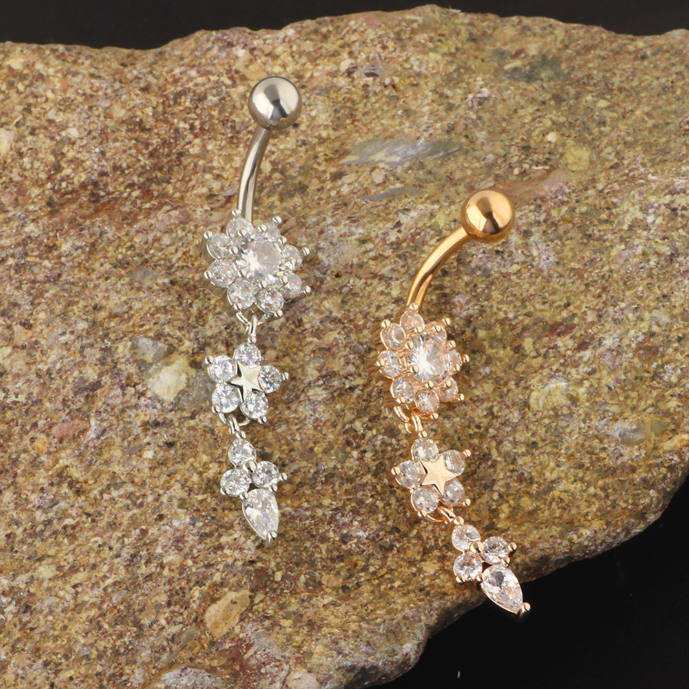 Rose Gold Plated Stainless Steel Navel Ring Round CZ Belly Button Piercing Jewelry - Image 3