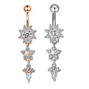 Rose Gold Plated Stainless Steel Navel Ring Round CZ Belly Button Piercing Jewelry