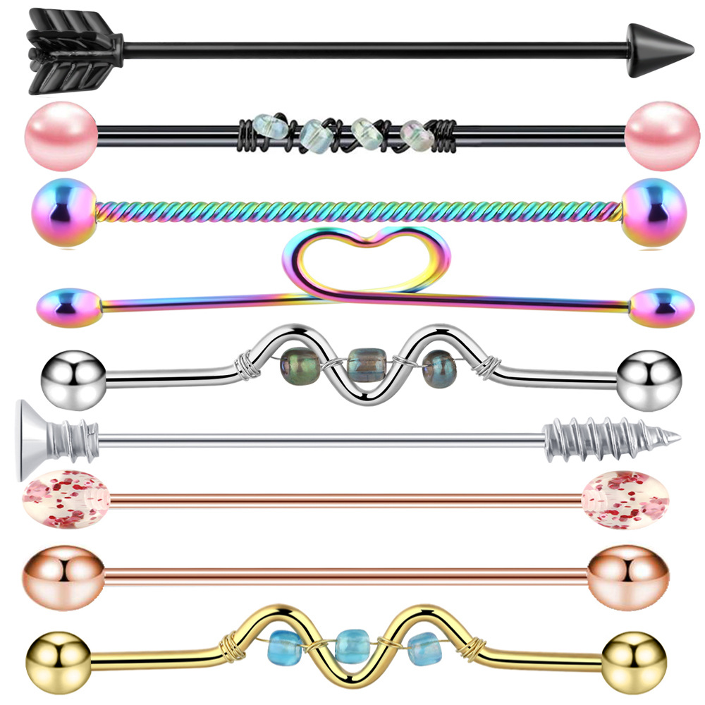 9-Piece Industrial Ear Piercing Set Stainless Steel Ear Studs and Long Rod Jewelry - Image 2