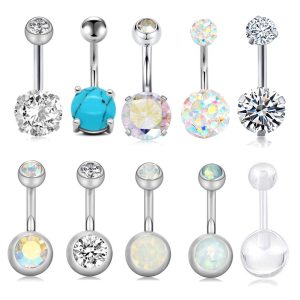 10 Pcs Silver Stainless Steel Navel Ring Set with CZ Zircon Umbilical Buckle Body Piercing Jewelry