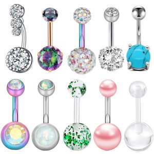10 PCs Mixed Color Belly Button Rings Set Creative Zircon Stainless Steel Navel Piercing Jewelry
