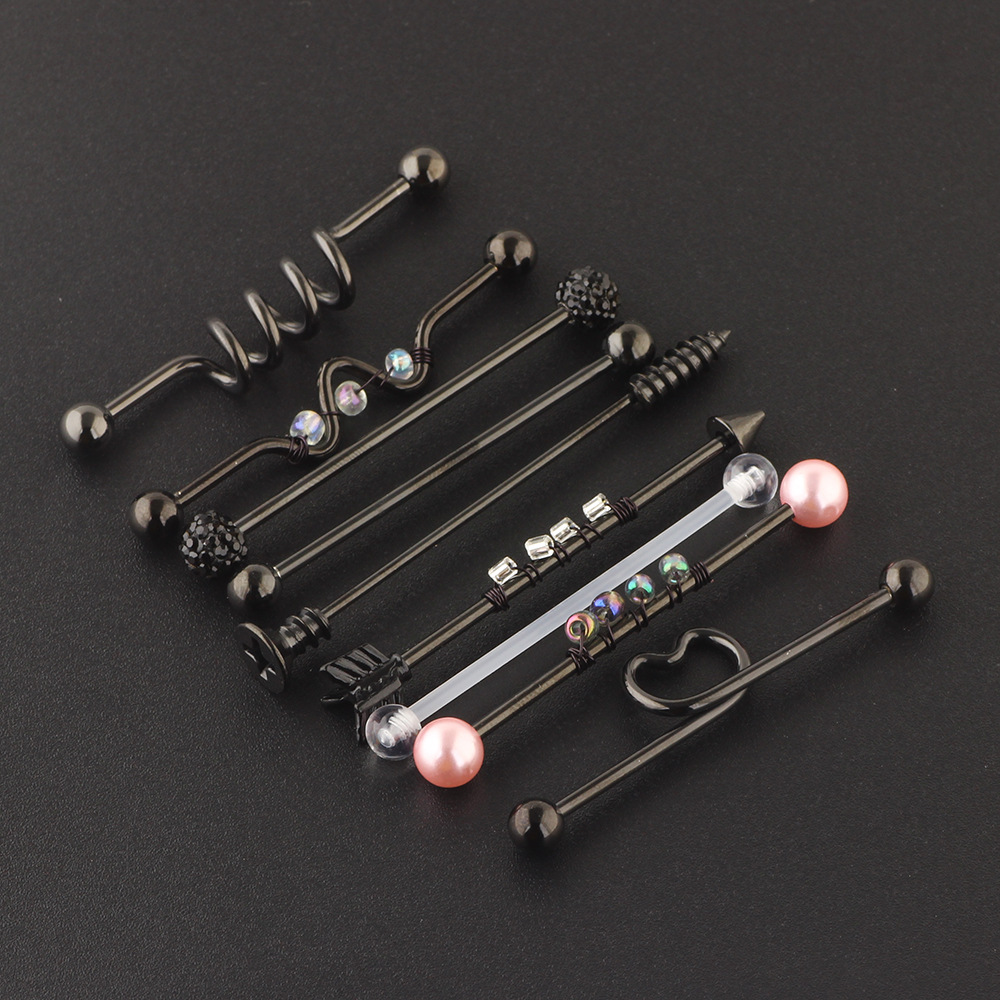 9-Piece Industrial Ear Piercing Set Stainless Steel Ear Studs and Long Rod Jewelry - Image 4