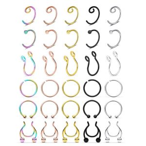 30pcs Stainless Steel Geometric Nose Ring Nail Set Fake Nose Ring Body Piercing Jewelry Earrings for Women