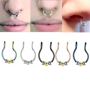 Stainless Steel False Ear Clip Nose Ring Septum Ring Beads U Shape Body Piercing Jewelry
