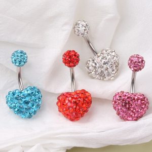 High Quality Full Diamond Heart Shambhala Belly Button Ring, 4 Colors, 316L Surgical Steel
