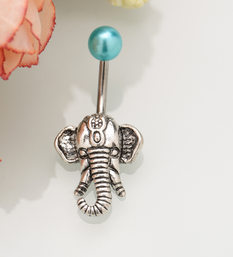 European American Retro Elephant Head Navel Ring Belly Button Ring with Electroplated Beads for Women - Image 3