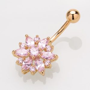 Chrysanthemum Belly Button Ring CZ Navel Piercing Jewelry Dangle Copper Silver Green