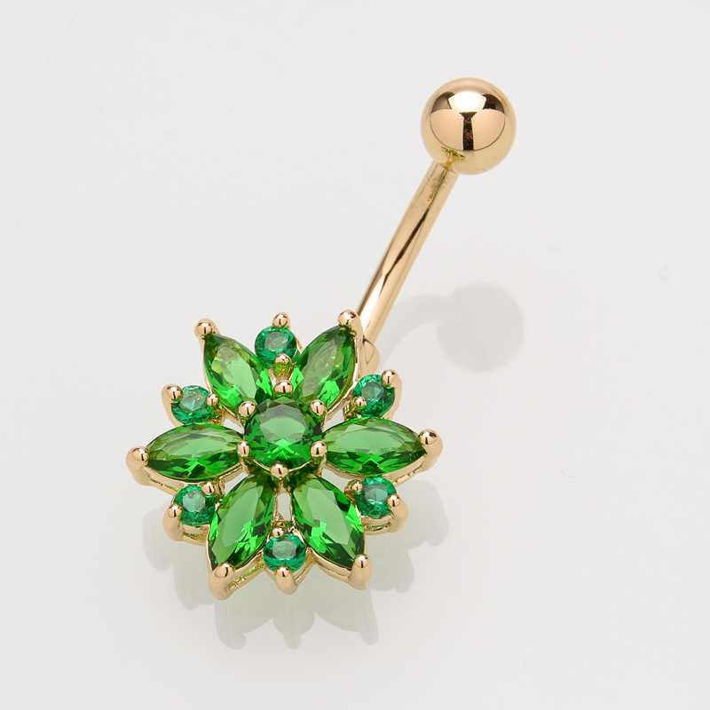 Chrysanthemum Belly Button Ring CZ Navel Piercing Jewelry Dangle Copper Silver Green - Image 2