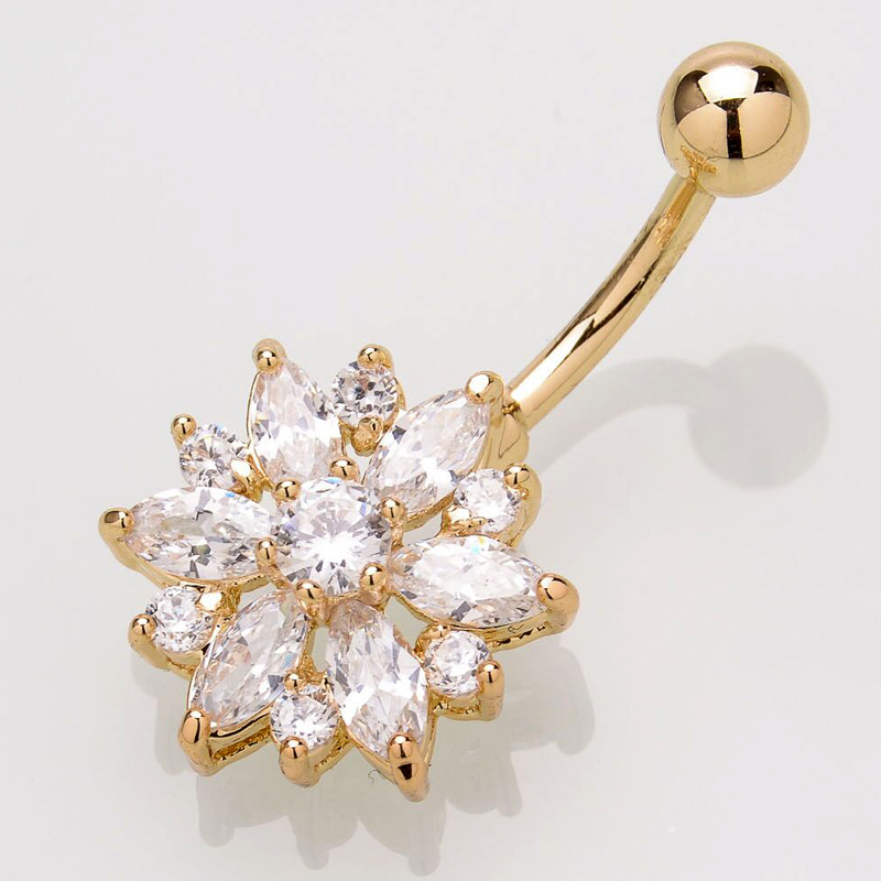 Chrysanthemum Belly Button Ring CZ Navel Piercing Jewelry Dangle Copper Silver Green - Image 3