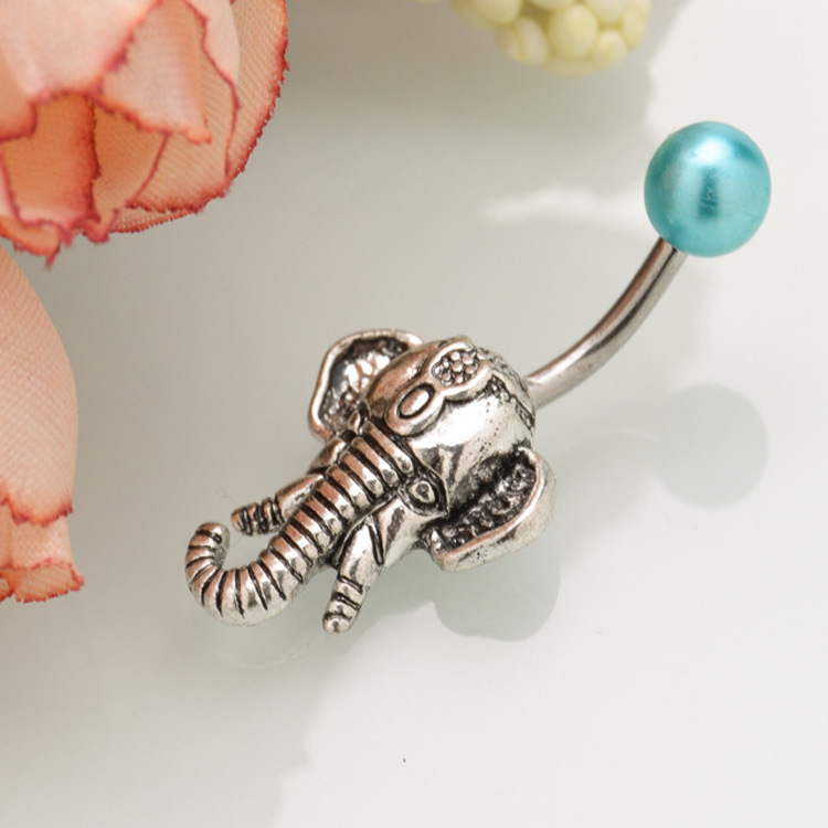 European American Retro Elephant Head Navel Ring Belly Button Ring with Electroplated Beads for Women - Image 2
