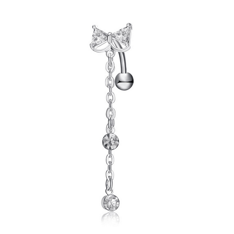 Bow Belly Button Ring - Reverse Belly Ring - Dangle Navel Jewelry - Silver with Pink Zircon - Summer 2024 - Image 4