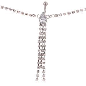 Rhinestone Link Body Chain Navel Ring Stainless Steel Belly Button Jewelry