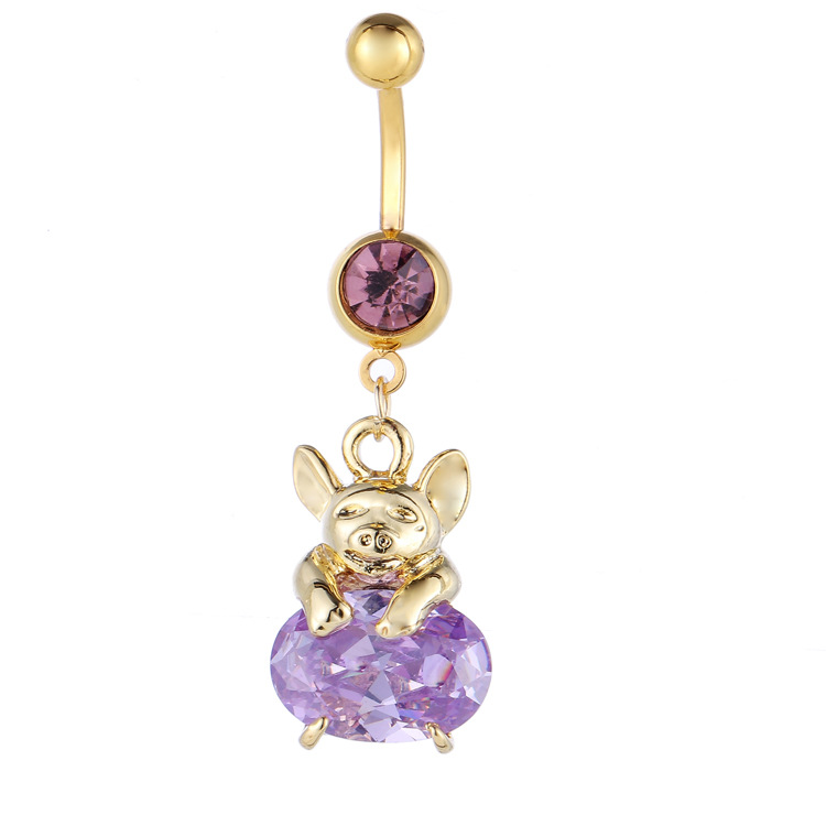 Multicolor Cute Pig Belly Button Ring Zircon Navel Piercing Jewelry, Gold Purple Zircon, 2024 Summer - Image 3