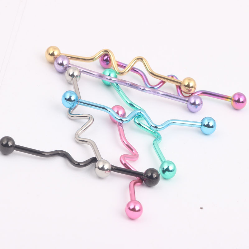Stainless Steel Spiral Rod Tongue Barbell Set - Wave Shaped Nail - Rose Gold Tone - Image 2