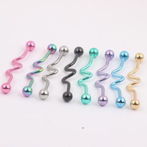 Stainless Steel Spiral Rod Tongue Barbell Set - Wave Shaped Nail - Rose Gold Tone
