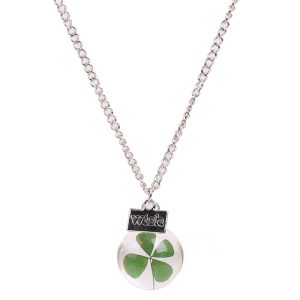 Handmade Dried Flower Glass Ball Necklace Four-Leaf Clover Lucky Pendant Gold Tone