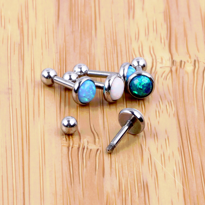 Spot Wholesale Titanium Steel Earrings Inlaid with Opal Ear Bone Nails Opal Earrings - Image 3