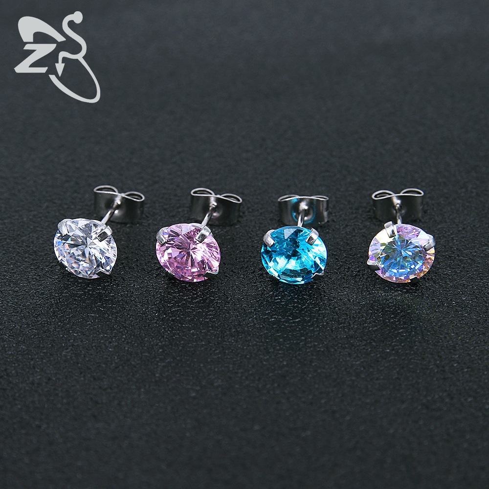 Stainless Steel Round CZ Ear Studs - Blue 0.8x10x8mm Geometric Piercing Earrings - Image 2