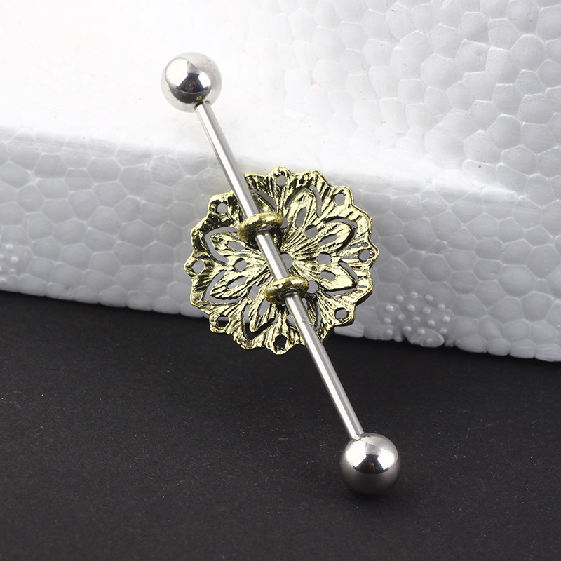 Bronze Flower Industrial Ear Studs Piercing Jewelry - Cartilage Earring for Ear Expansion - Image 2