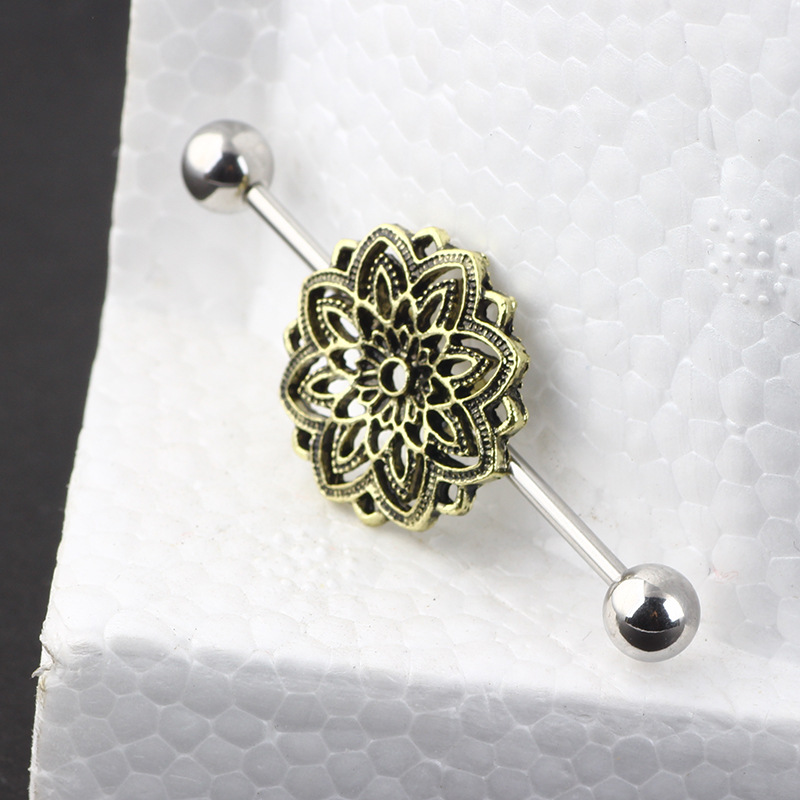 Bronze Flower Industrial Ear Studs Piercing Jewelry - Cartilage Earring for Ear Expansion - Image 5