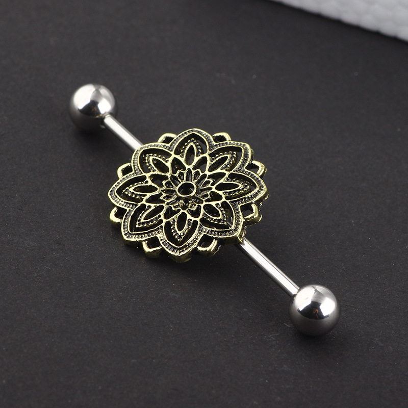 Bronze Flower Industrial Ear Studs Piercing Jewelry - Cartilage Earring for Ear Expansion - Image 4