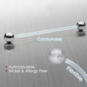 Acrylic Industrial Earring Bar with Cherry Charm - 16mm Long Flexible Barbell for Cartilage, Belly, and Nipple Piercings